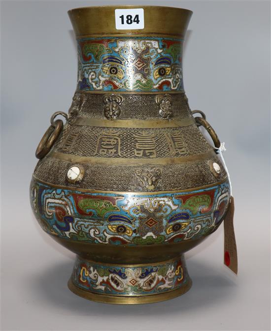 A Chinese bronze champleve vase, with semi precious inset stones and mark to base height 33.5cm